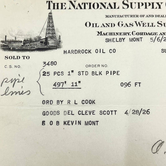 1926 National Supply Co Midwest Oil & Gas Supplies Letterhead Shelby MT AB5