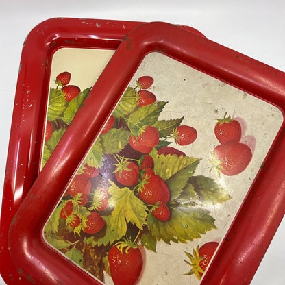 Vintage Set of 2 MCM Strawberry Toleware Tin Litho Trays 17.5 x 13” TI2-2