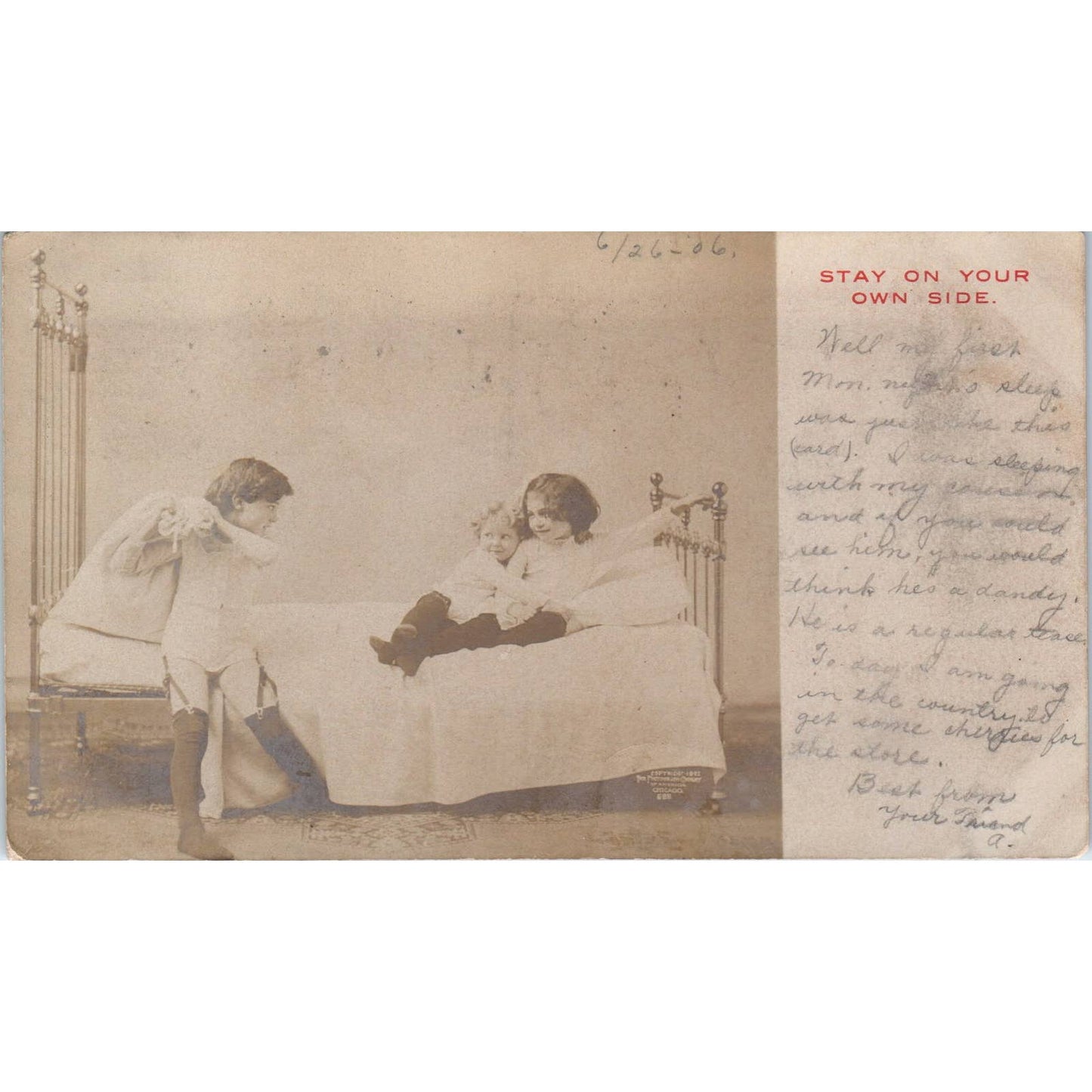 Antique Postcard RPPC Victorian Children in Bed 1906 SE8