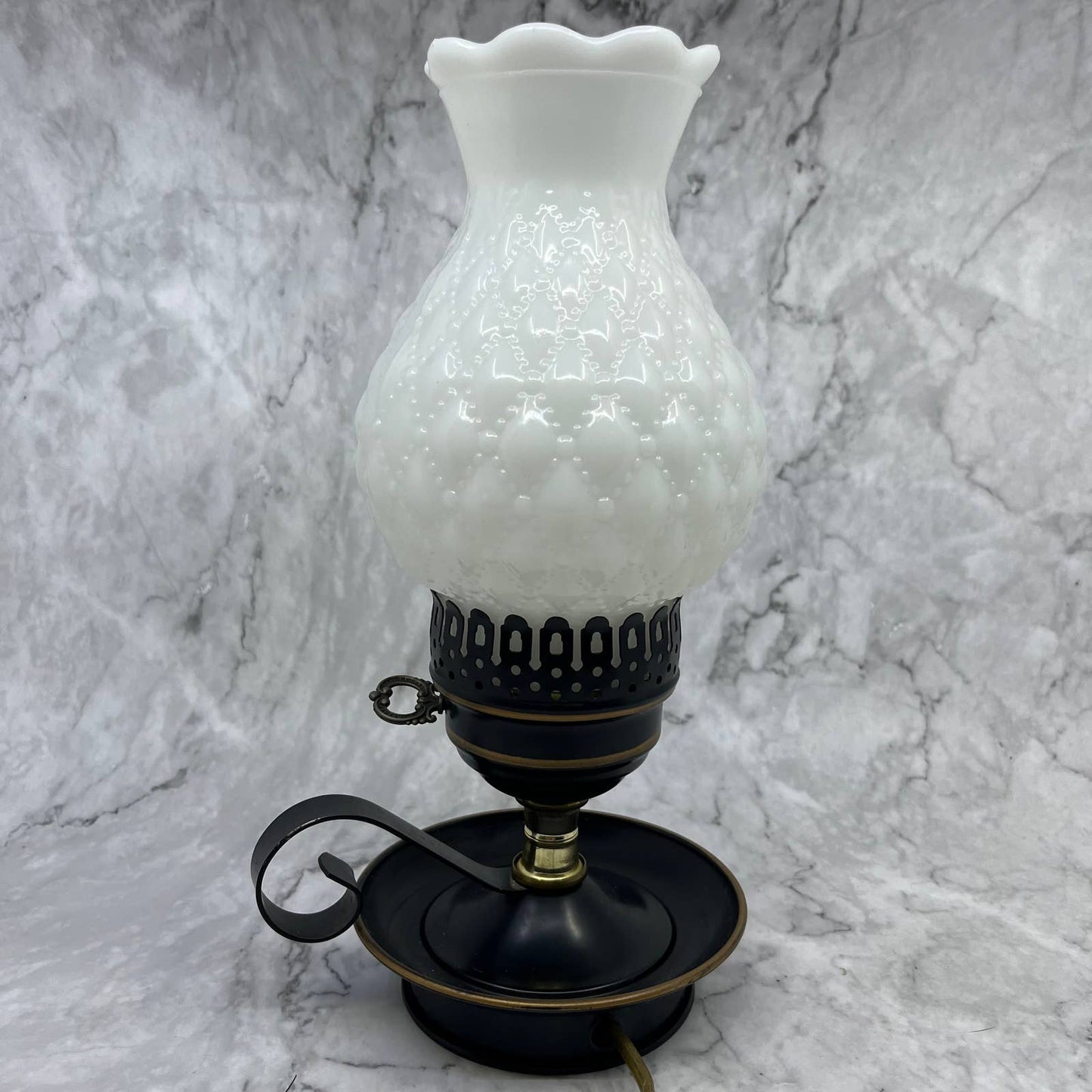 Vintage Quilted Milk Glass Electric Hurricane Lamp Metal Base 5x11 WORKS TA1