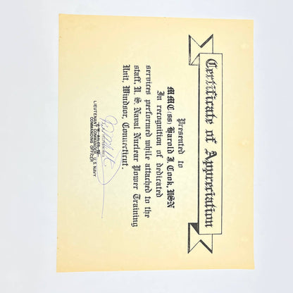 VTG US Navy Nuclear Power Training Certificate of Appreciation MMC(SS) Harold J. Cook  Windsor CT FL3
