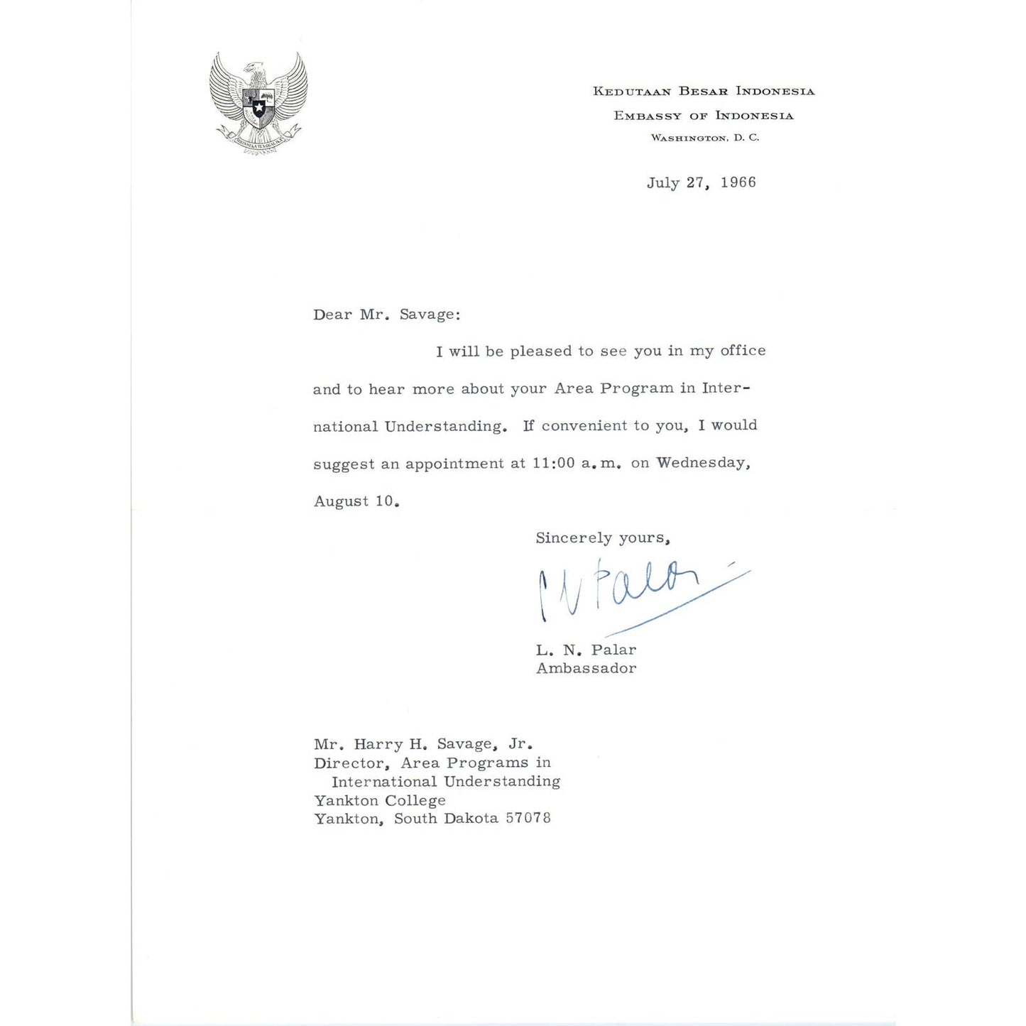 Embassy of Indonesia Official Letterhead Memo L.N. Palar 7/27/66 TK1-P10