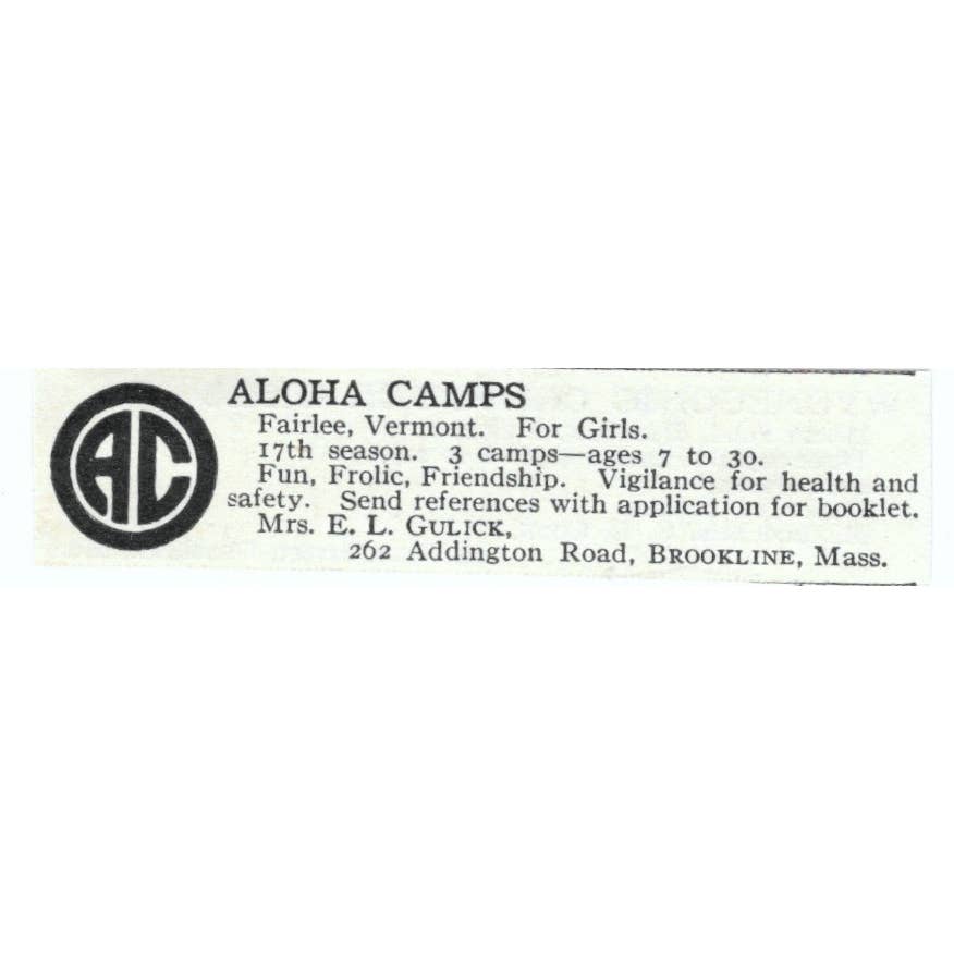 Aloha Camps Fairlee Vermont E.L. Gulick - 1921 Original Ad TJ7-S6