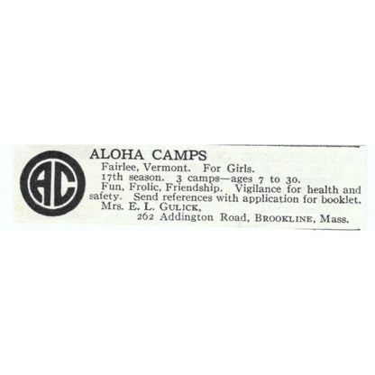 Aloha Camps Fairlee Vermont E.L. Gulick - 1921 Original Ad TJ7-S6