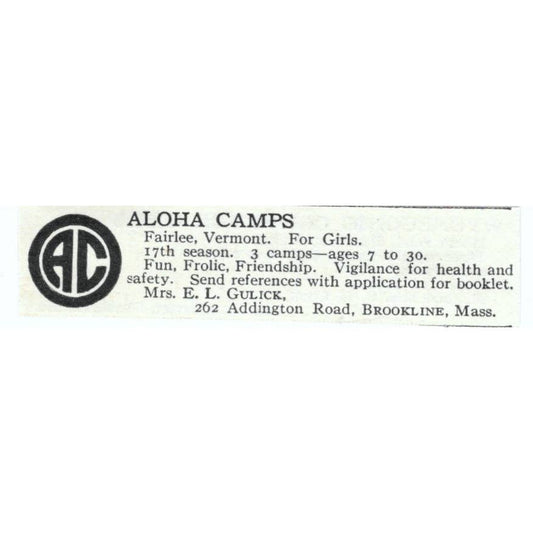 Aloha Camps Fairlee Vermont E.L. Gulick - 1921 Original Ad TJ7-S6