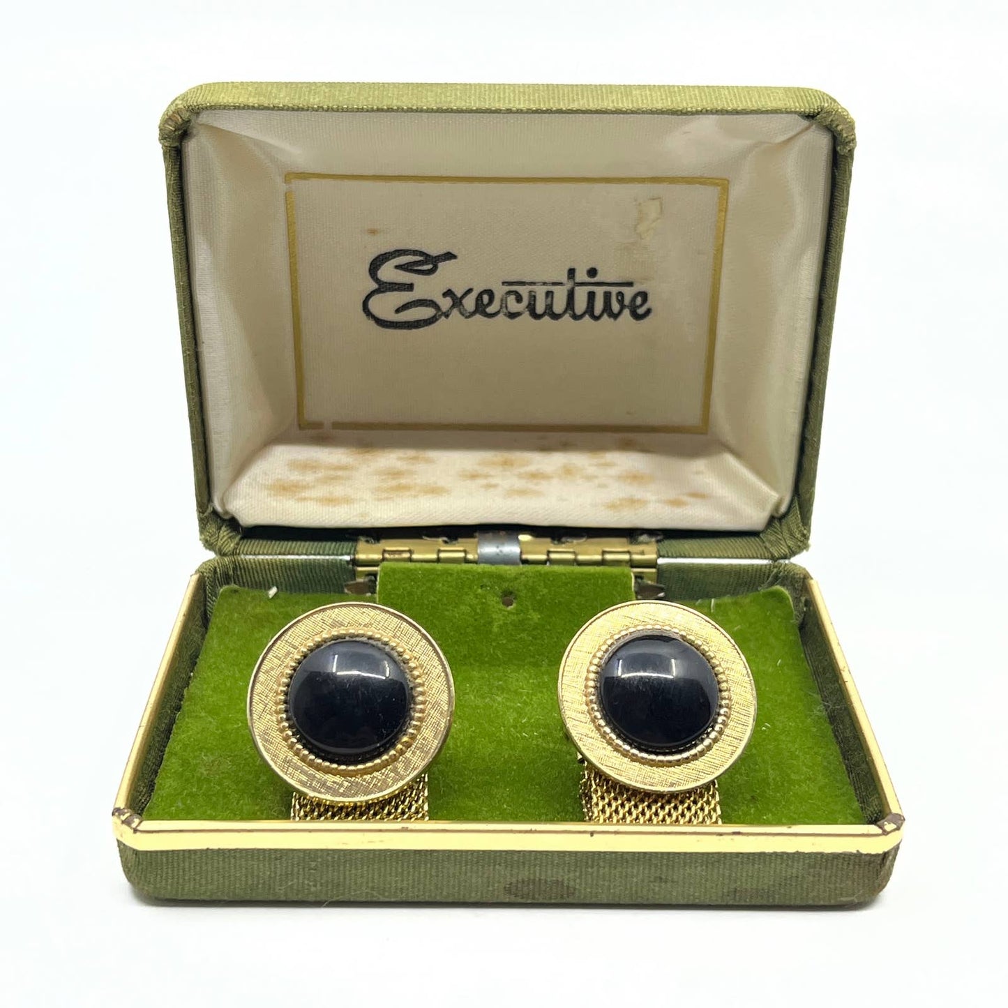 VTG MCM 1950s Executive Gold Tone Black Lucite Cuff Links Cufflinks in Box SD8