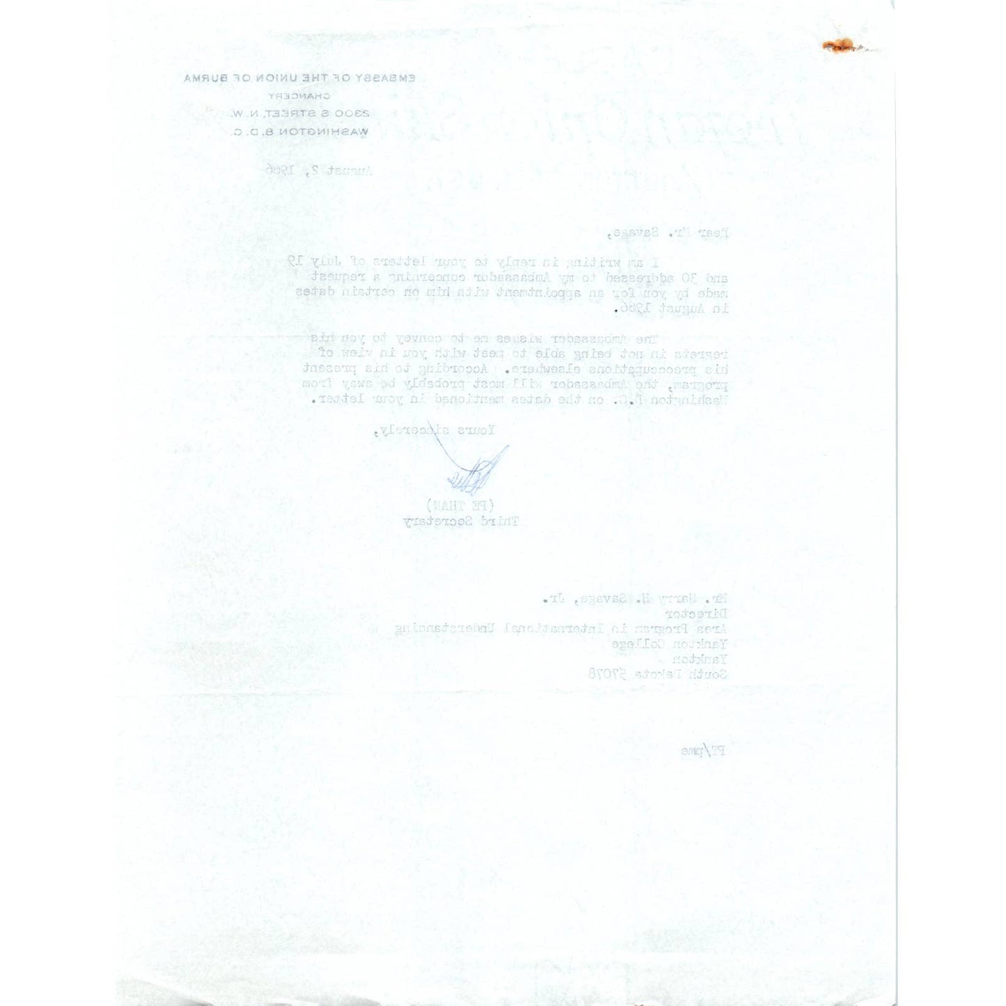 Embassy of the Union of Burma Official Letterhead Memo Pe Than 8/2/66 TK1-P10