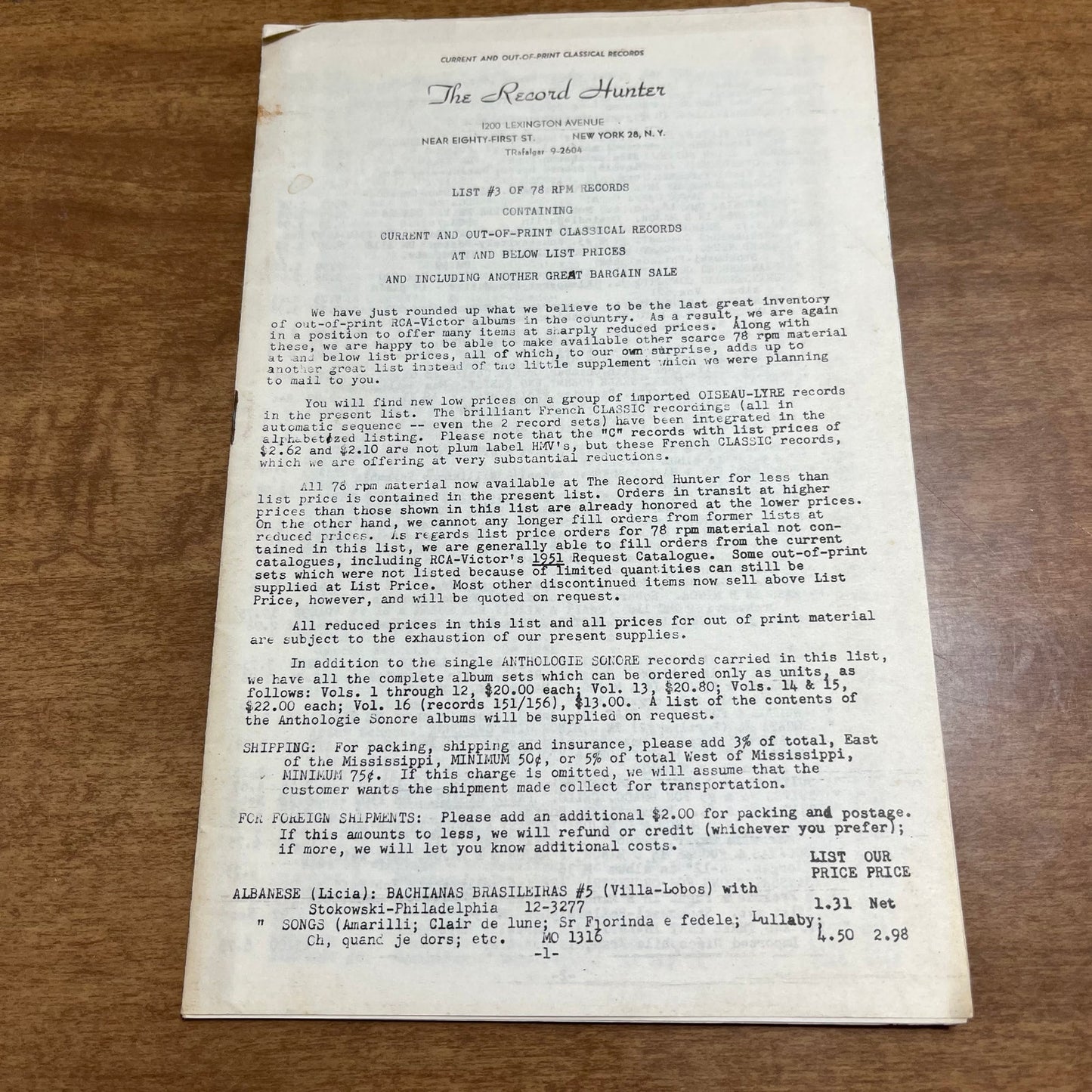 RARE 1950s Price List - The Record Hunter New York City Lexington Ave 81st H4-4