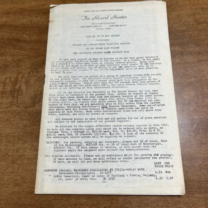 RARE 1950s Price List - The Record Hunter New York City Lexington Ave 81st H4-4