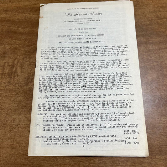 RARE 1950s Price List - The Record Hunter New York City Lexington Ave 81st H4-4