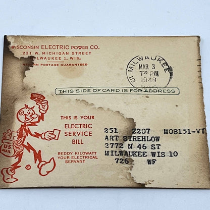 1948 REDDY KILOWATT Electric Bill Stub School Eyes Wisconsin Electric Power SC6