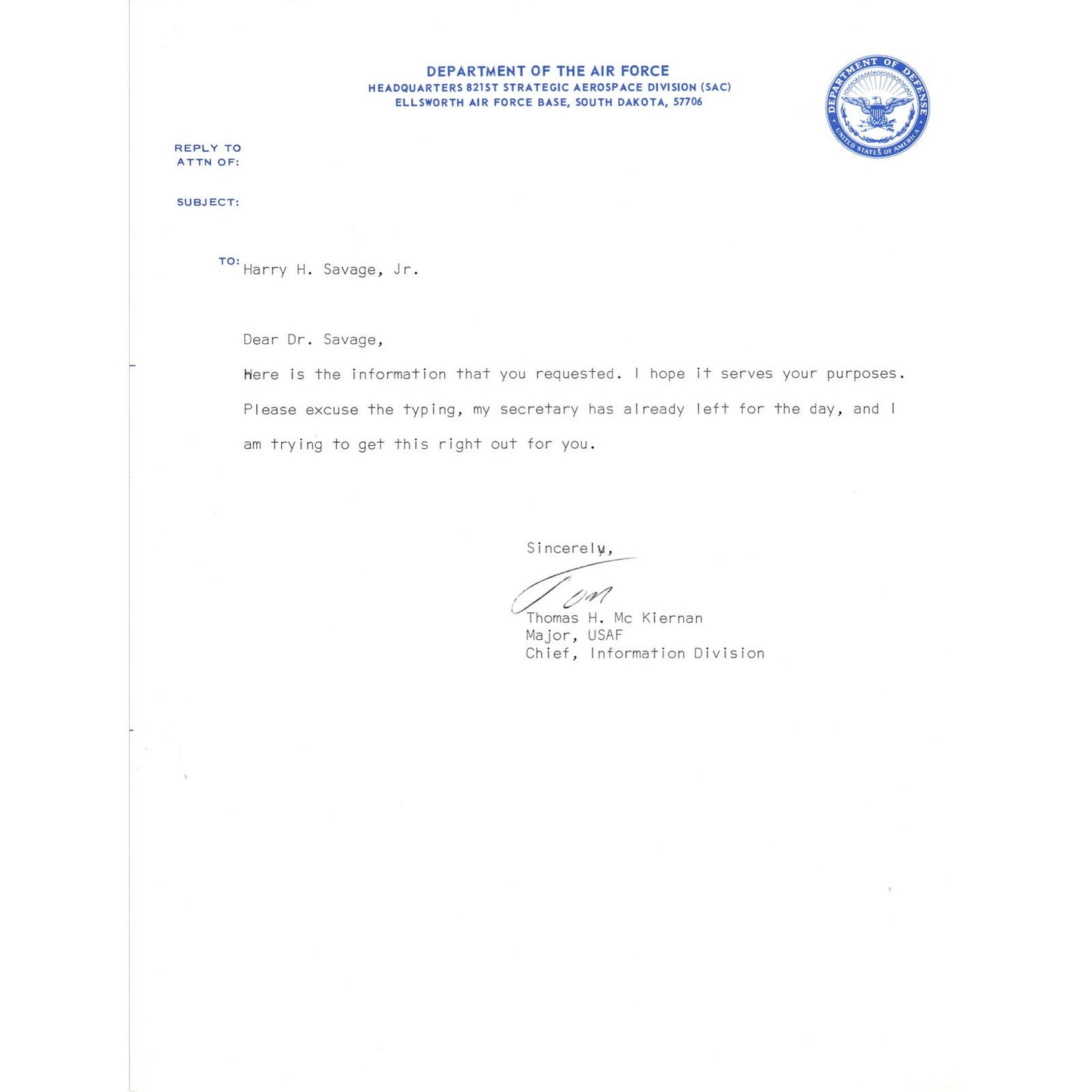 Department of the Air Force Major Thomas H. McKiernan Letterhead 1960s TK1-P4