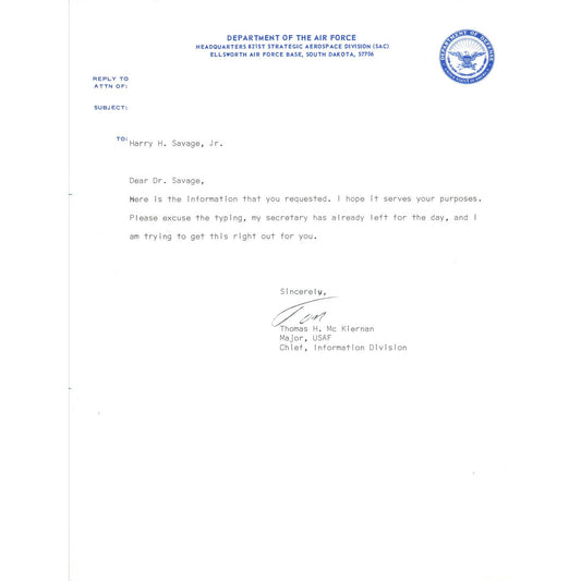 Department of the Air Force Major Thomas H. McKiernan Letterhead 1960s TK1-P4