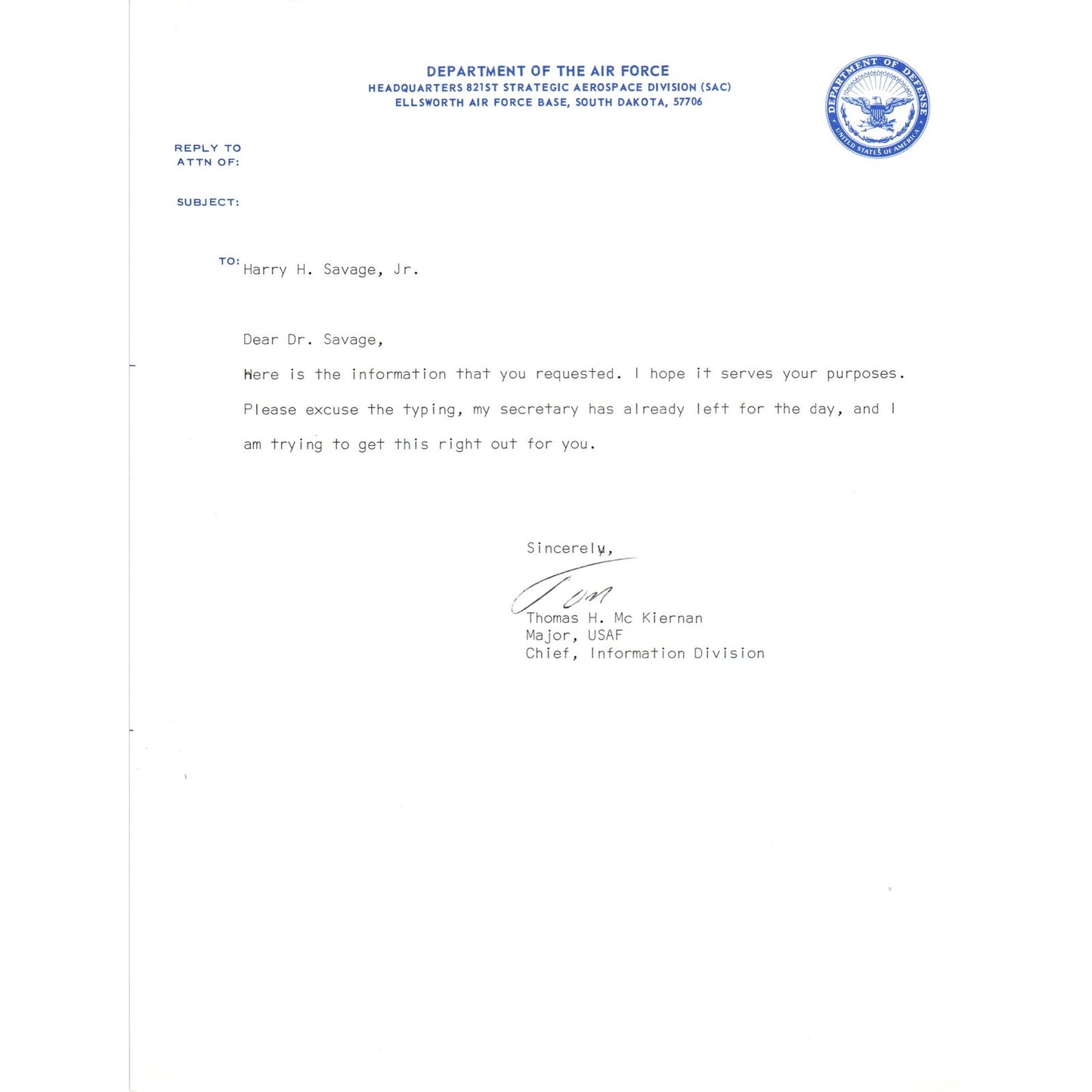 Department of the Air Force Major Thomas H. McKiernan Letterhead 1960s B10