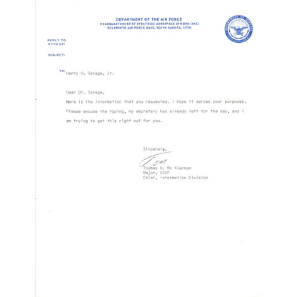 Department of the Air Force Major Thomas H. McKiernan Letterhead 1960s B10