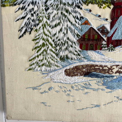 Vintage Embroidery Crewel Wall Art Winter Ski Chalet Mountains Snow 23x17"