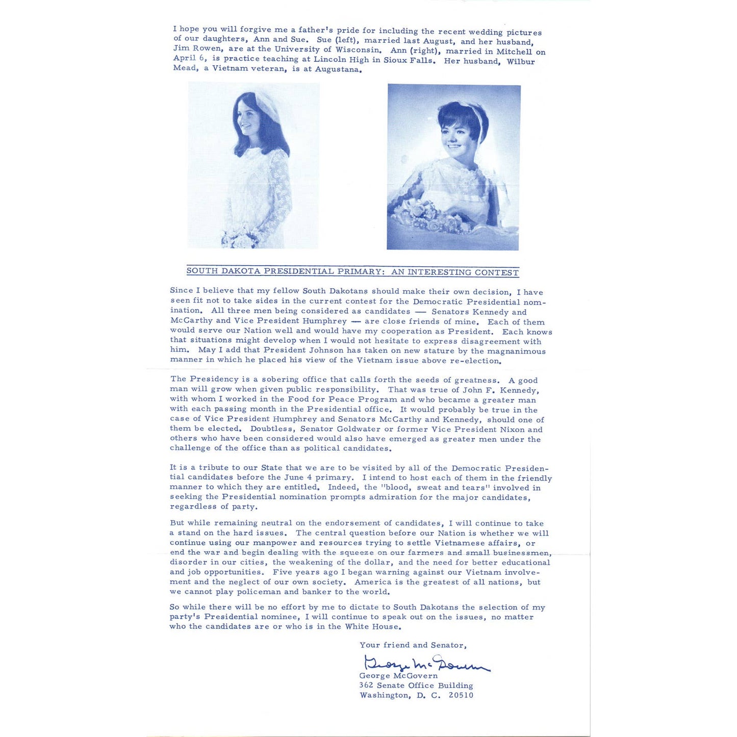 Senator George McGovern Reports Newsletter April 1968 Original TK1-P7