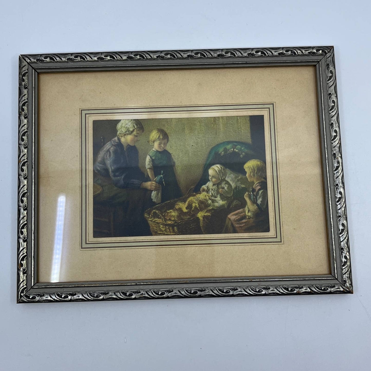 Vintage Framed Victorian Art Print Woman w/ Baby and Children 6x8" TF6