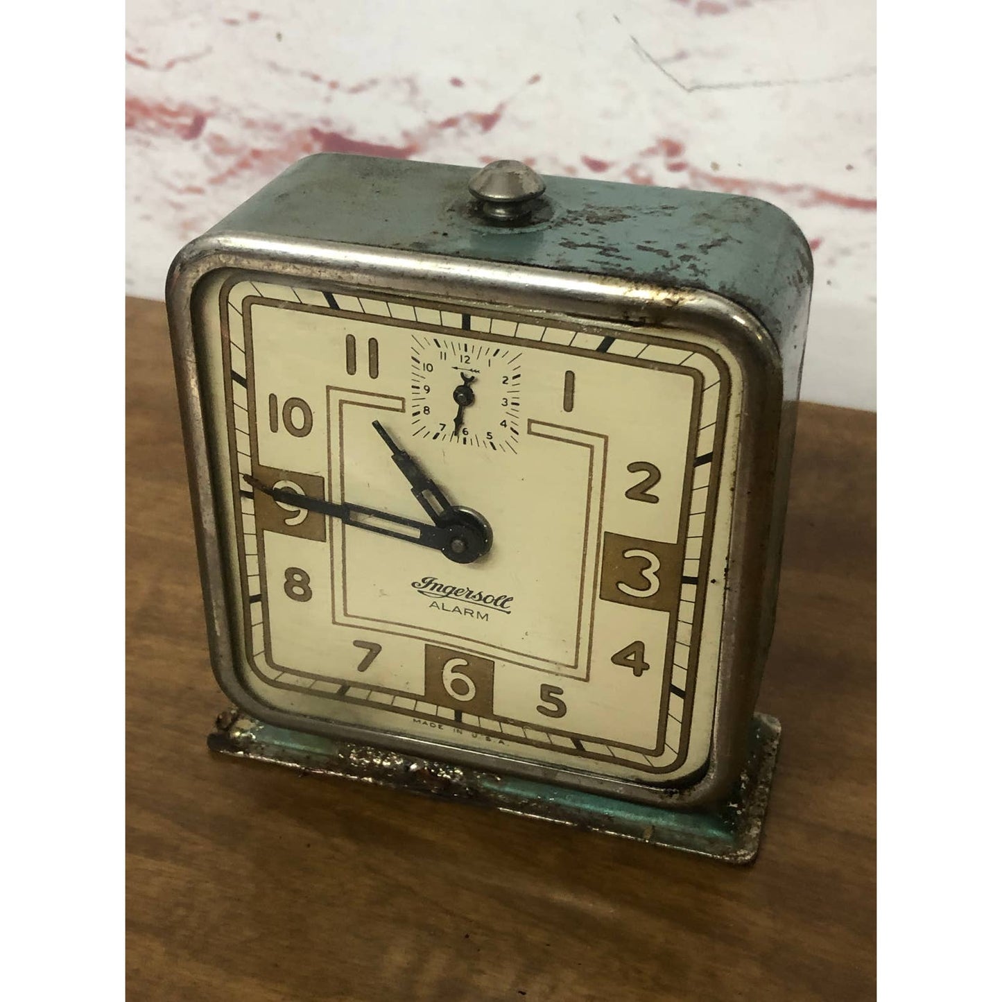 Antique 1931 Ingersoll Teal Square Wind Up Alarm Clock USA