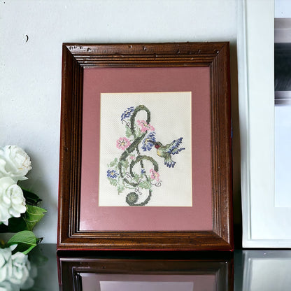 Retro Framed Cross Stitch Art Hummingbird & Treble Clef 13x16"