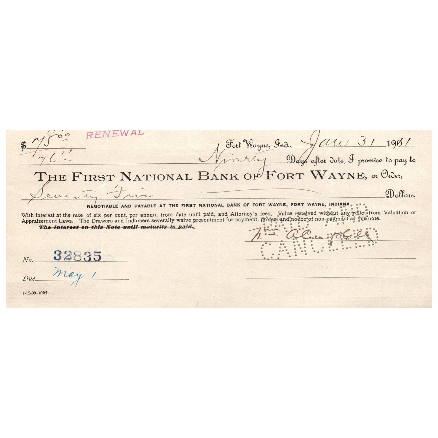 1911 First National Bank of Fort Wayne Indiana Bank Check AD8-1