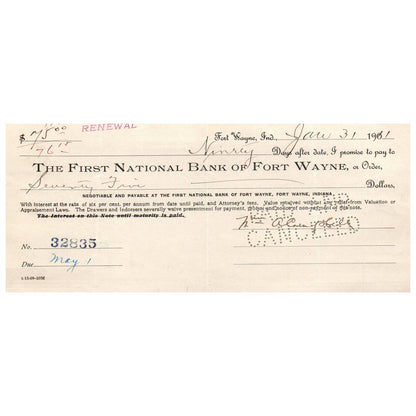 1911 First National Bank of Fort Wayne Indiana Bank Check AD8-1