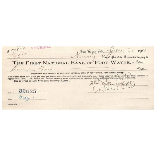1911 First National Bank of Fort Wayne Indiana Bank Check AD8-1
