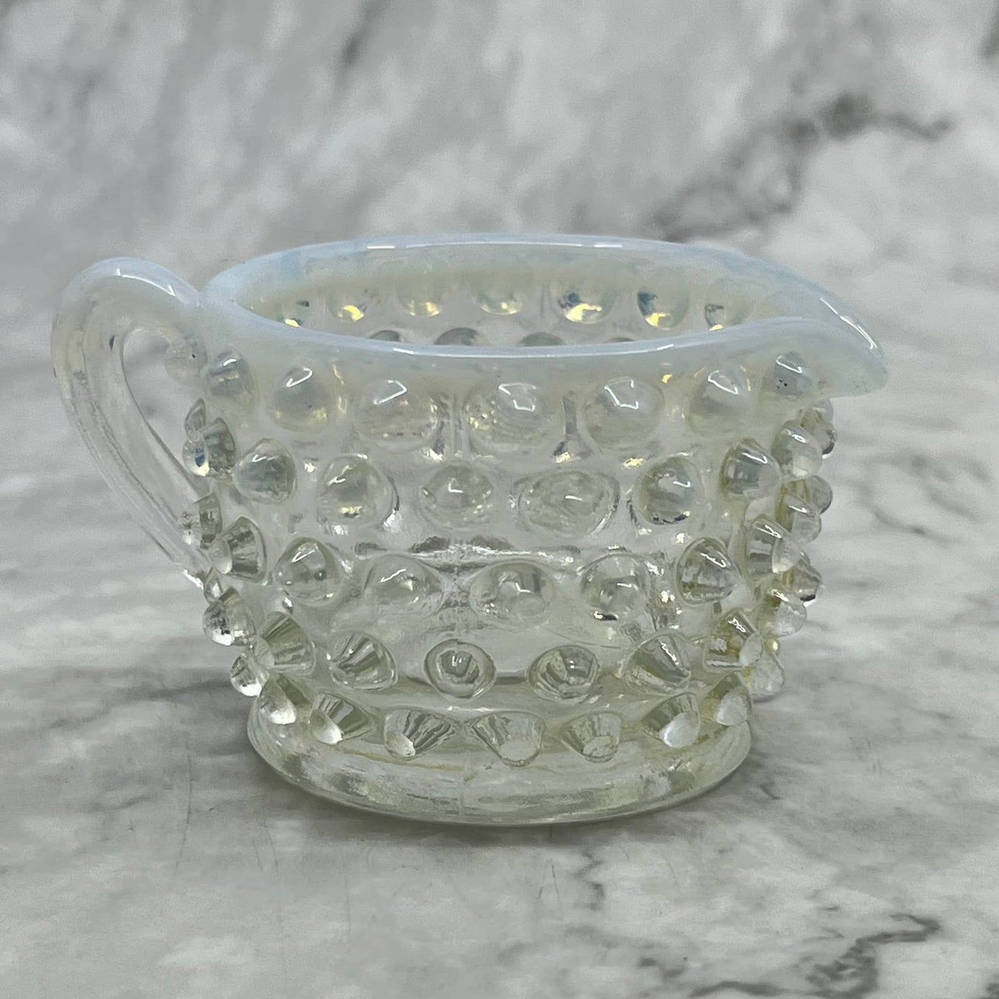 Vintage Fenton glass CREAMER Moonstone white opalescent hobnail luminous 2” TB6