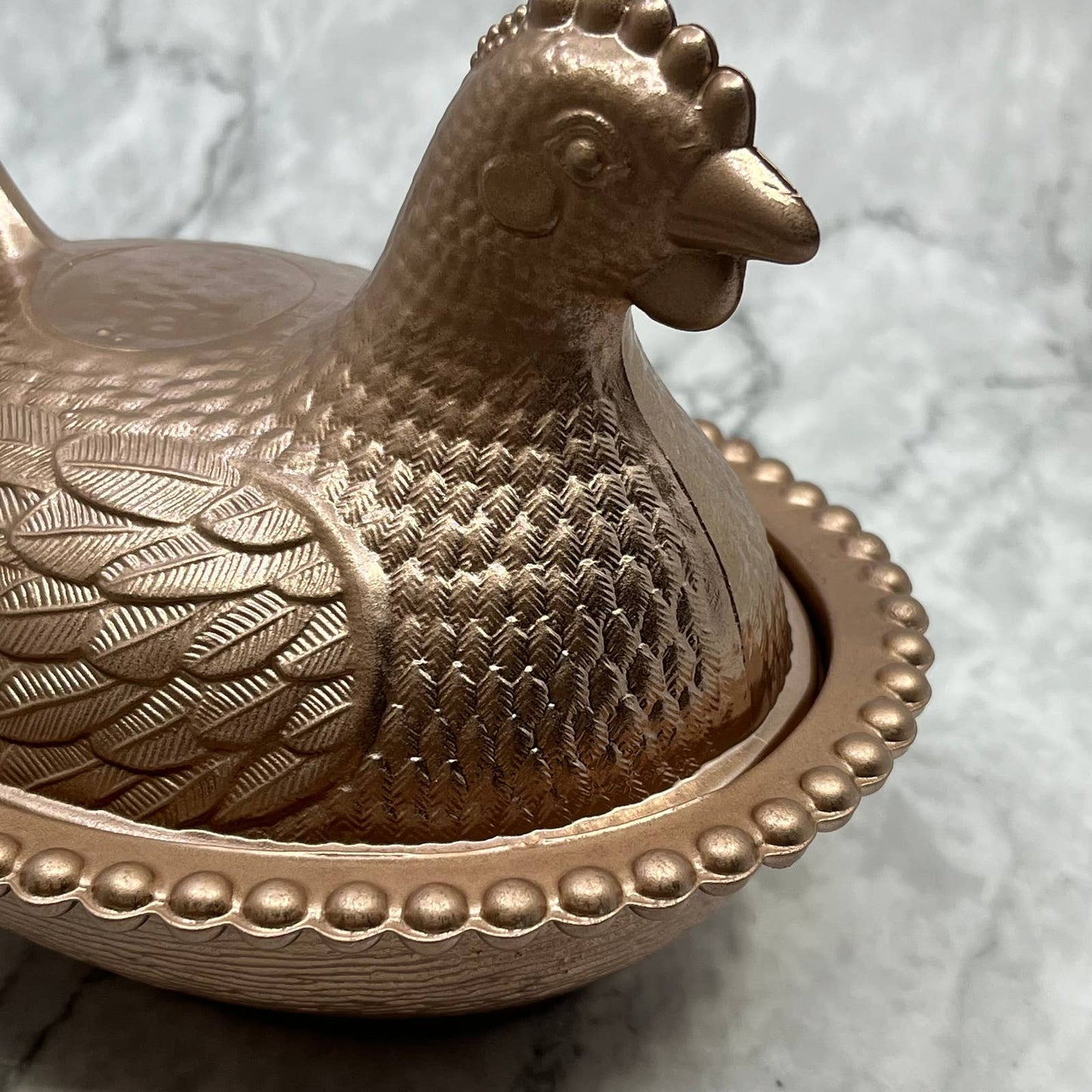 Vintage Rose Gold Glass Nesting Hen On Nest Candy Dish 5x7” TJ8