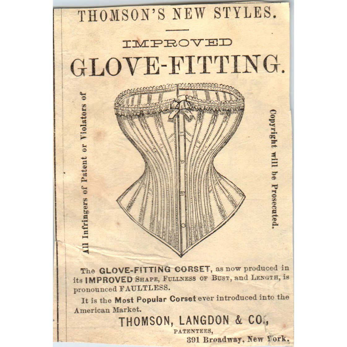 c1870 Peterson's Magazine Ad - Glove Fitting Corset Thomas, Langdon & Co NY EA3