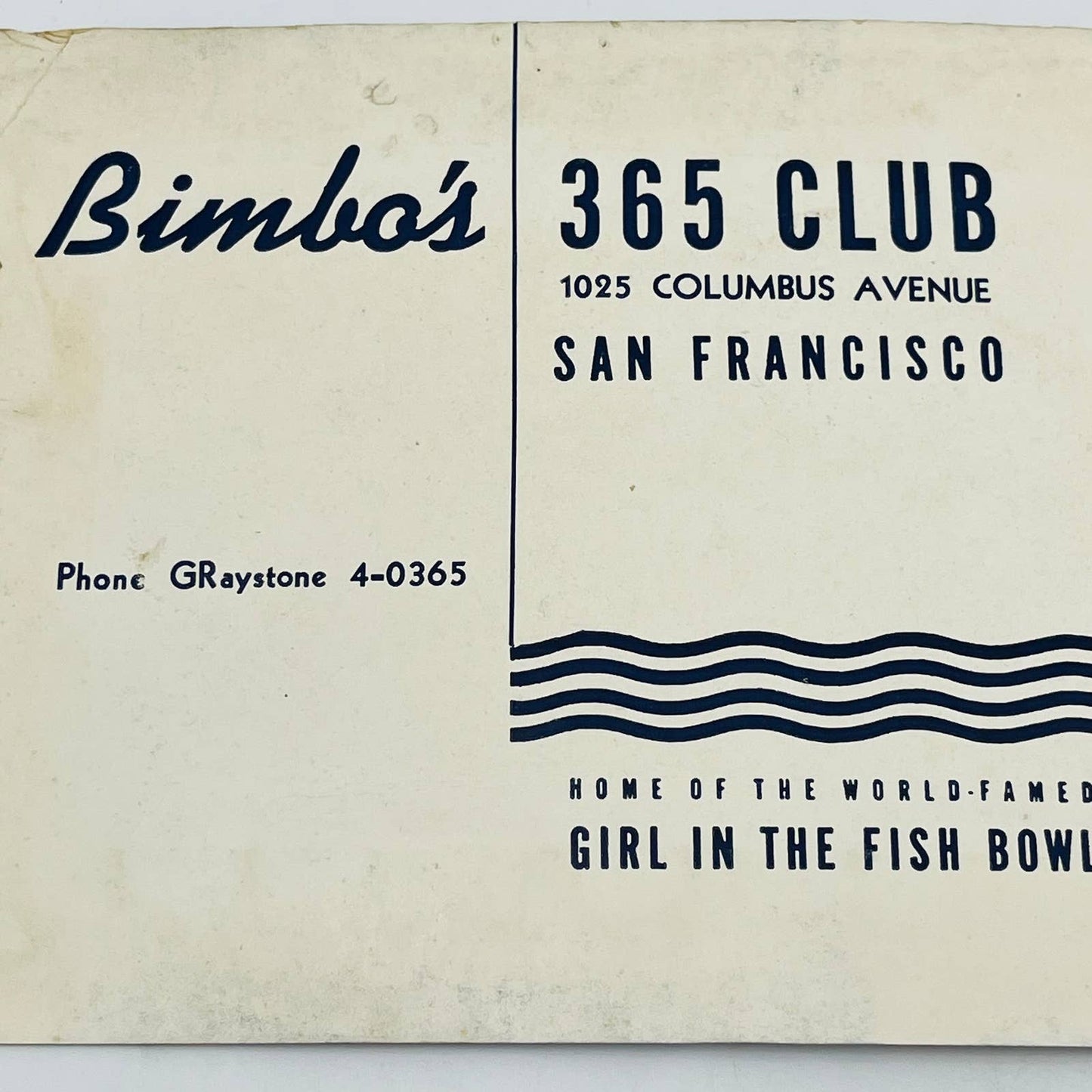 1940s Bimbo's 365 Club Souvenir Photo San Francisco Girl in the Fishbowl C12