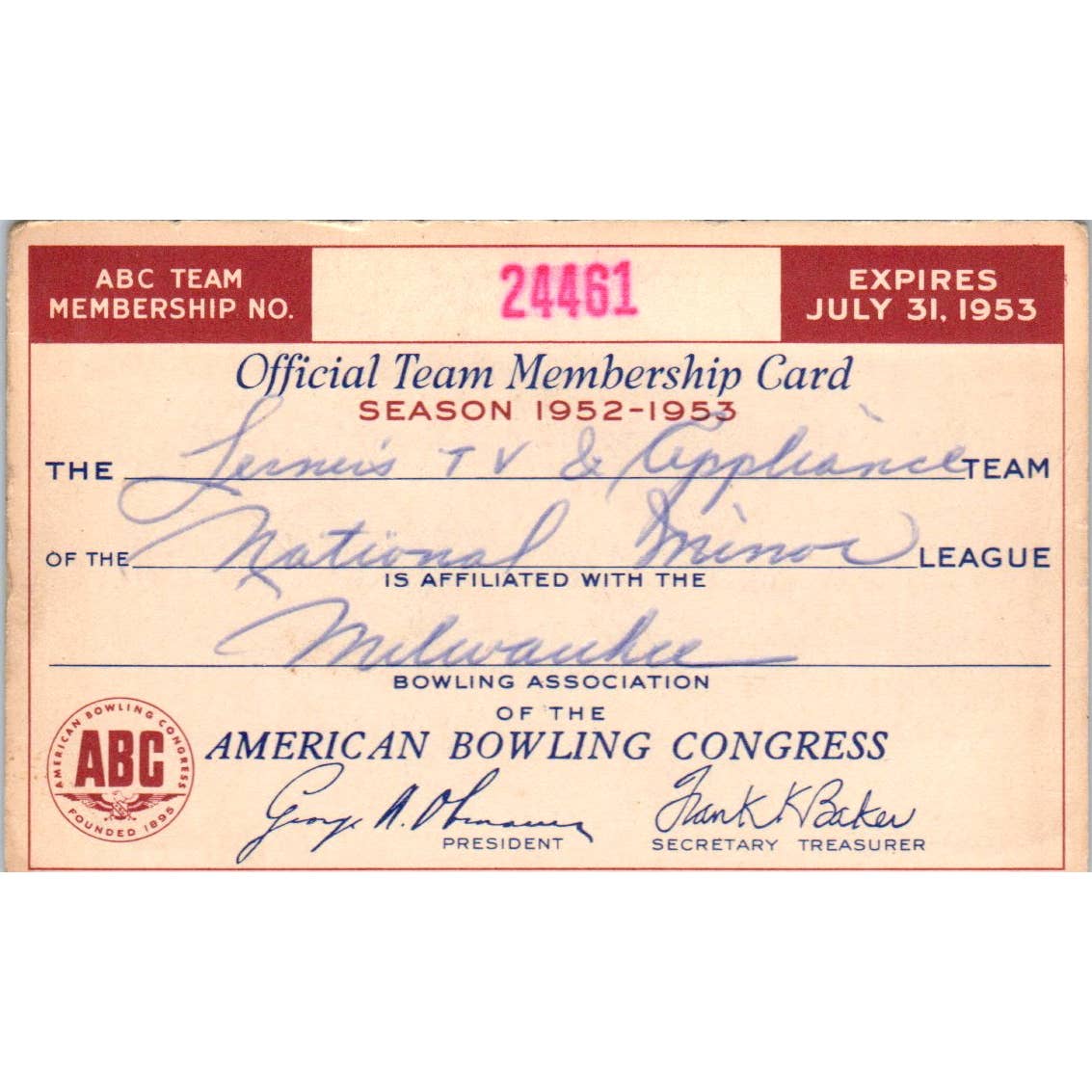 1953 American Bowling Congress Milwaukee Membership Card National Minor SE5-50