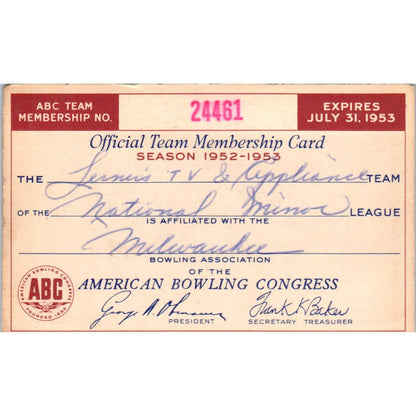 1953 American Bowling Congress Milwaukee Membership Card National Minor SE5-50