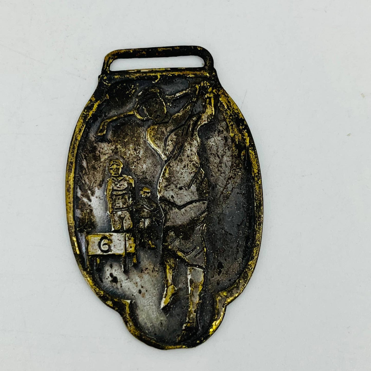 Antique Woman Golfing Metal Brass Golf Bag Tag Medallion Embossed SC3