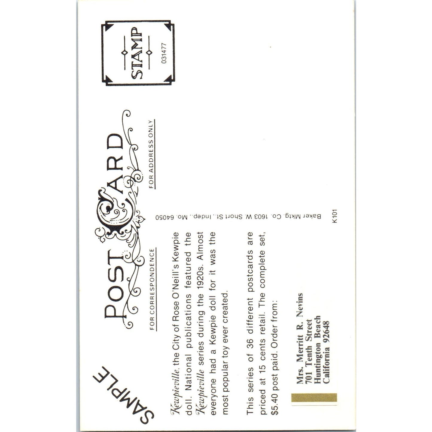 Kewpieville City Grand Kewpieville Hotel Rose O'Neill Sample Postcard PB3