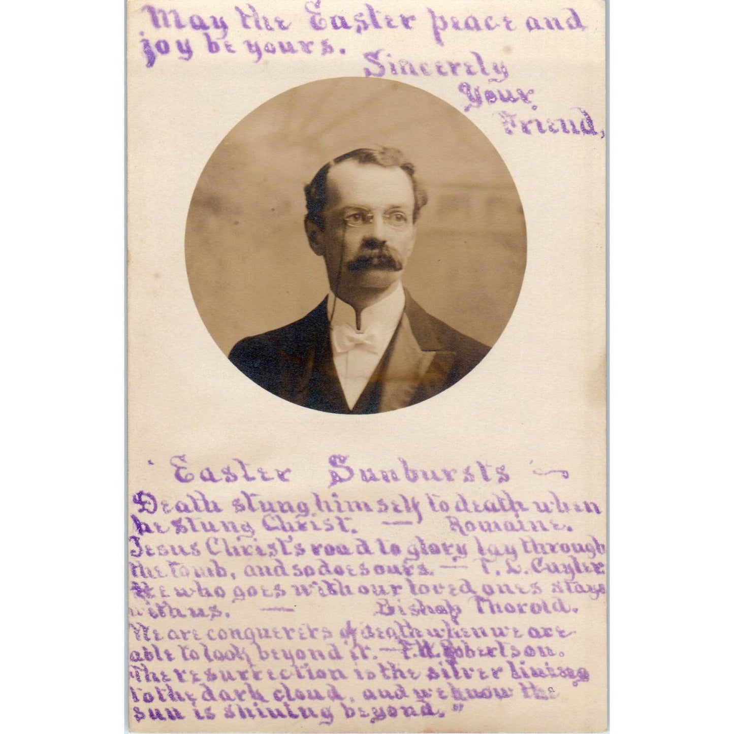 Antique Postcard Portrait of Bespectacled Man w/ Handwritten Easter Poem SE8