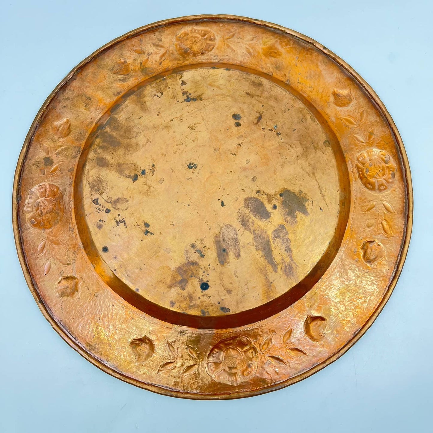 Vintage Solid Copper Pressed Floral Design Serving Tray 12” TF4