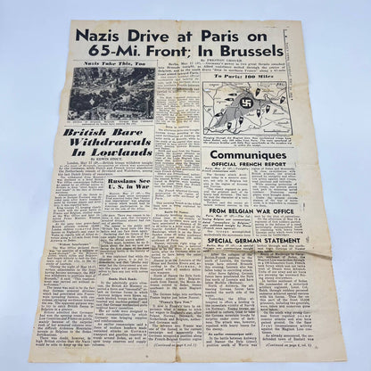 1940 May 18 WWII Newspaper Headline Page Nazis Take Brussels Drive at Paris AA8