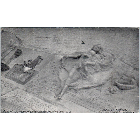 "Sleep" Sand Artist on the Beach 1909 Atlantic City NJ Original Postcard TK1-25