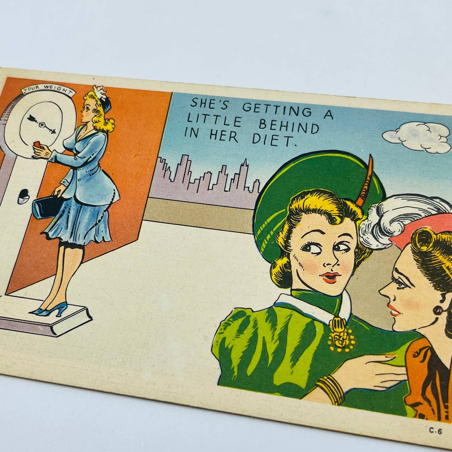 Vintage Post Card Humor Buxom Woman On Scale Overweight Diet Joke PA6