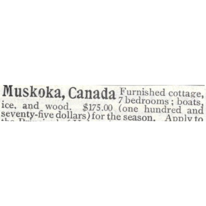 Muskoka Canada Cottage for Rent - 1903 Original Ad AK5-S30