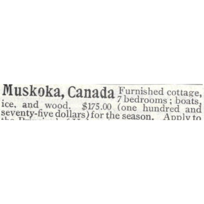 Muskoka Canada Cottage for Rent - 1903 Original Ad AK5-S30