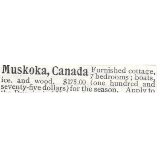 Muskoka Canada Cottage for Rent - 1903 Original Ad AK5-S30