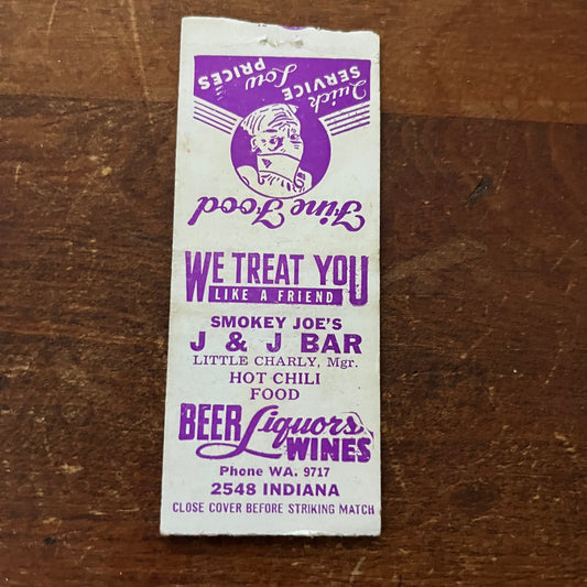Smokey Joe's J&J Bar Little Charley Indiana Advertising Matchbook Cover MM11-5