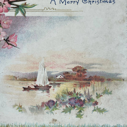 c1910 Embossed Pink Cherry Blossoms Sailboat Scene Merry Christmas Postcard PA2