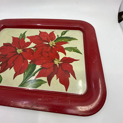 Vintage MCM Poinsettia Toleware Tin Litho Tray 17.5 x 13” TI2