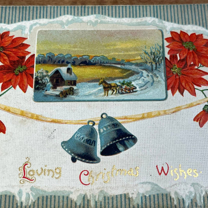 c1910 Embossed Poinsettia Country Horses Loving Christmas Wishes Postcard PA2