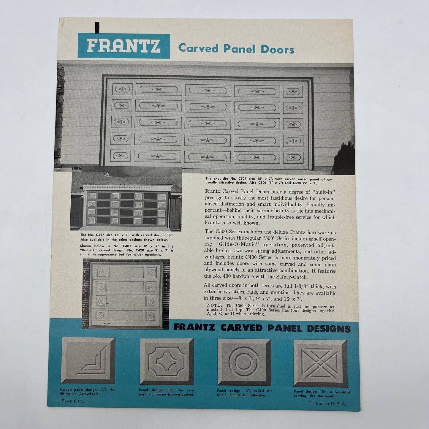 1950s Frantz Mfg Co Carved Panel Garage Doors Advertising Leaflet AC8