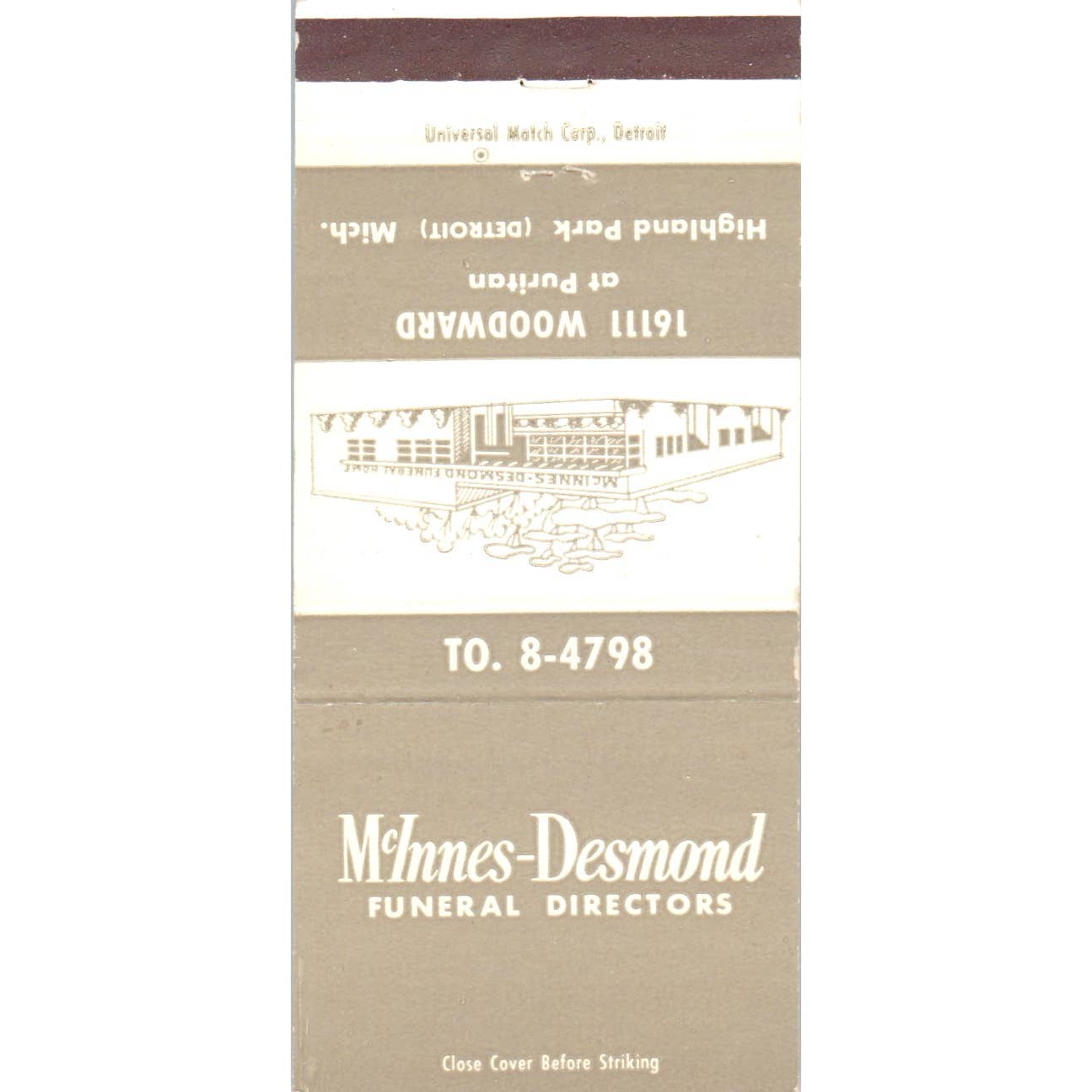 McInnes-Desmond Funeral Directors Highland Park MI Advertising Matchbook SA1-M6