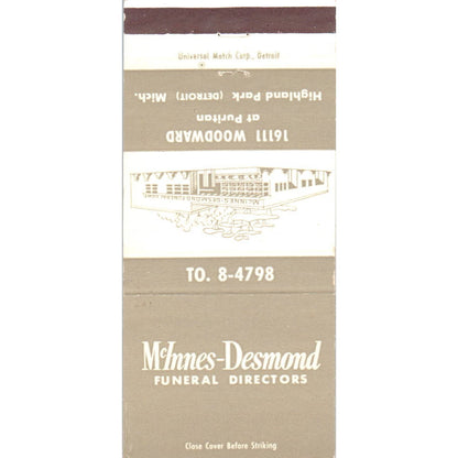 McInnes-Desmond Funeral Directors Highland Park MI Advertising Matchbook SA1-M6